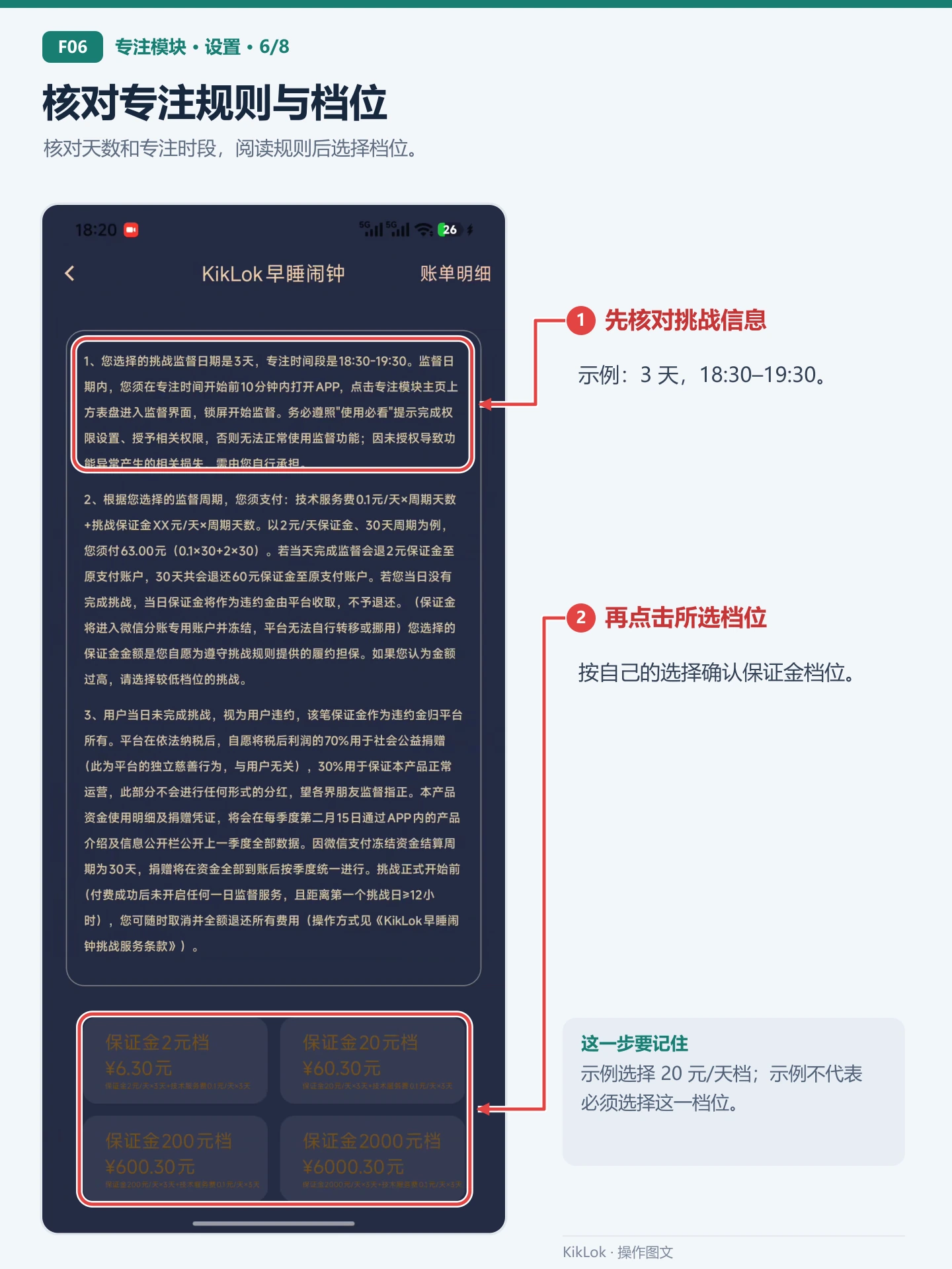 专注模块 F06：核对专注规则与档位。核对天数和专注时段，阅读规则后选择档位。 先核对挑战信息：示例：3 天，18:30–19:30。；再点击所选档位：按自己的选择确认保证金档位。