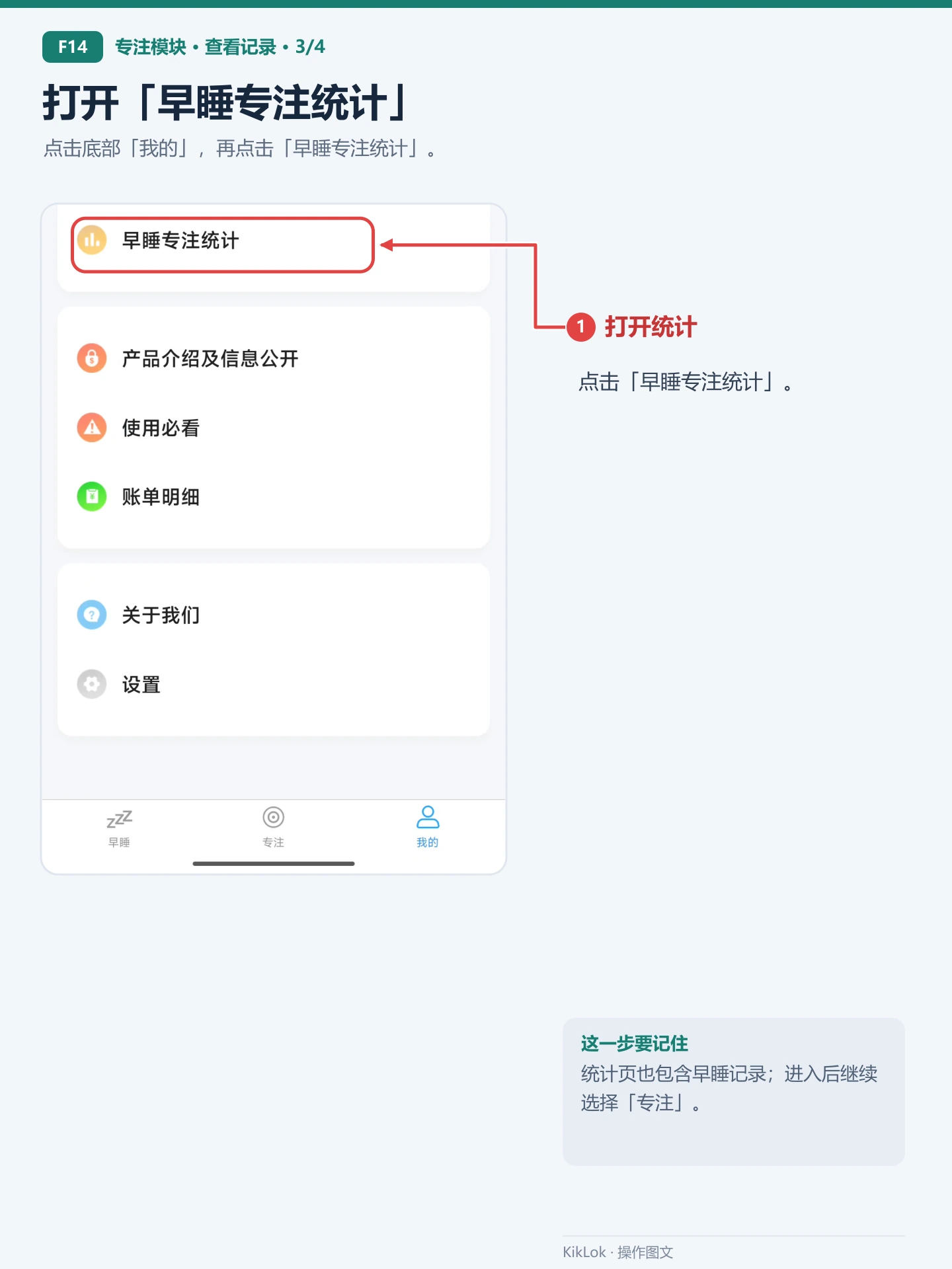 专注模块 F14：打开「早睡专注统计」。点击底部「我的」，再点击「早睡专注统计」。 打开统计：点击「早睡专注统计」。