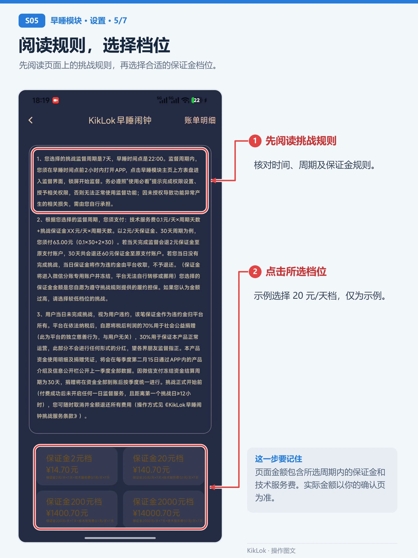 早睡模块 S05：阅读规则，选择档位。先阅读页面上的挑战规则，再选择合适的保证金档位。 先阅读挑战规则：核对时间、周期及保证金规则。；点击所选档位：示例选择 20 元/天档，仅为示例。