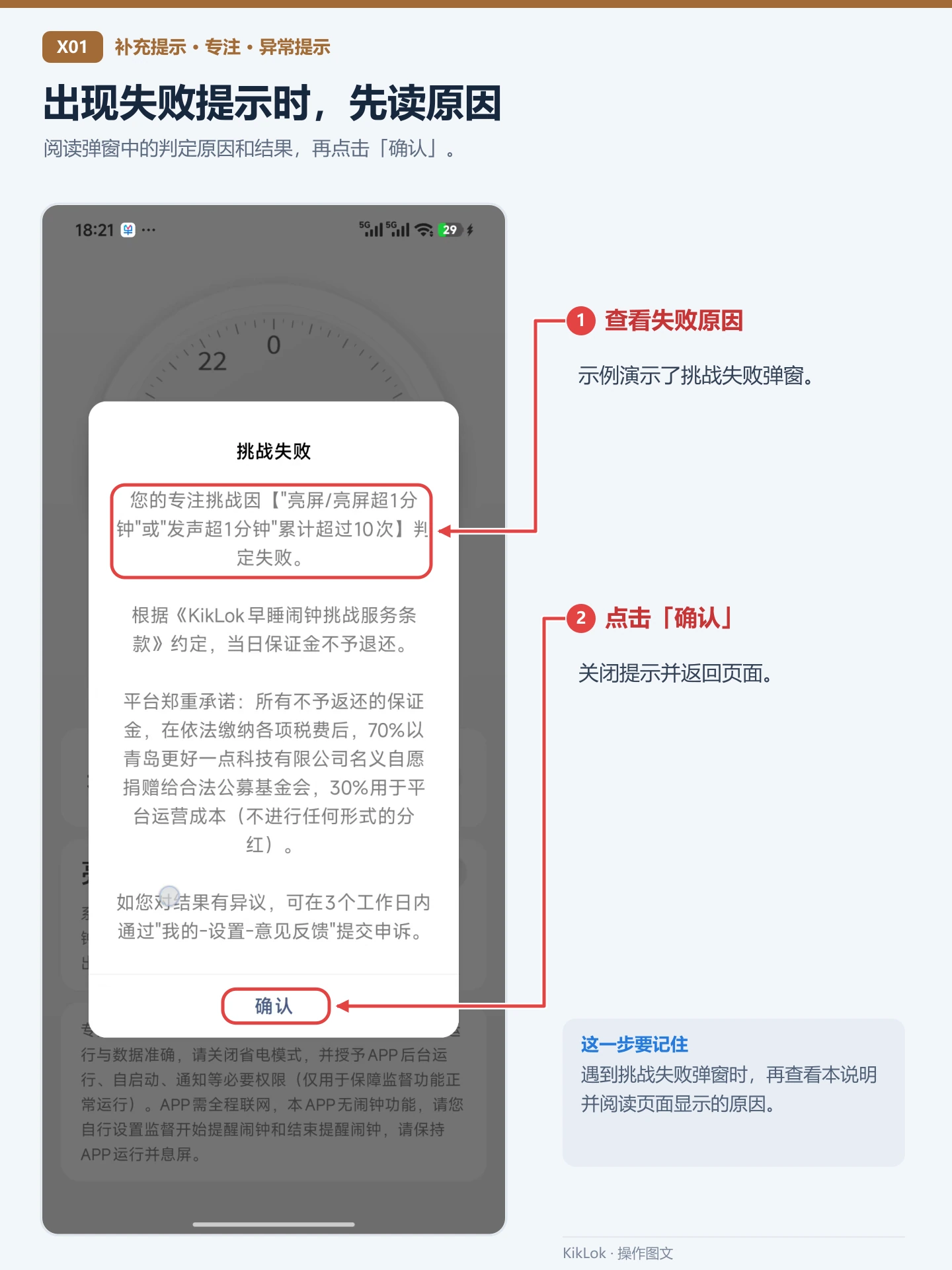 补充提示 X01：出现失败提示时，先读原因。阅读弹窗中的判定原因和结果，再点击「确认」。 查看失败原因：示例演示了挑战失败弹窗。；点击「确认」：关闭提示并返回页面。